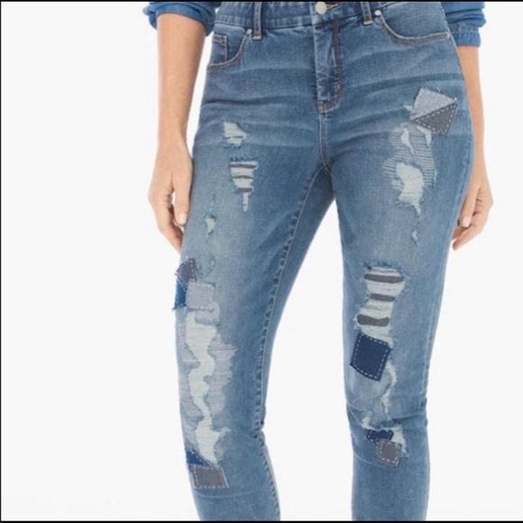 Chico's Denim - Chico’s So Slimming Girlfriend Ankle Distressed Covered Patch Jeans